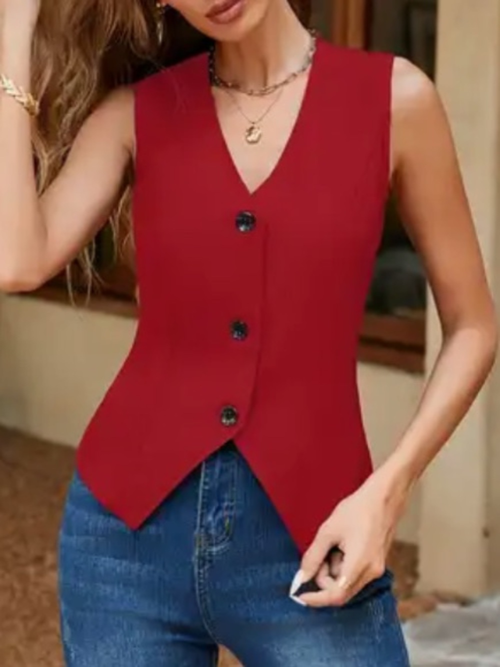 Red Sleeveless Button-Front V-Neck Top - Women's
